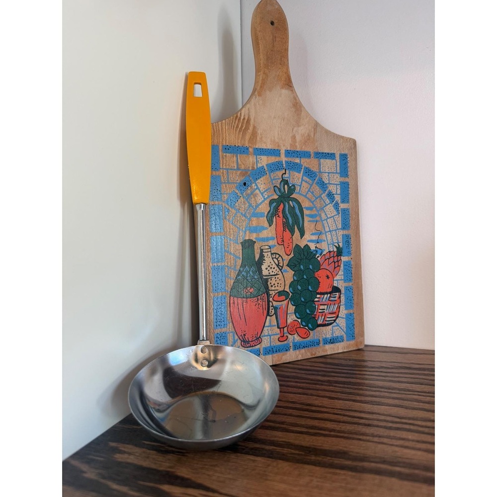 ecko vintage stainless steel soup ladle yellow handle kitchen utensil 70s MCM